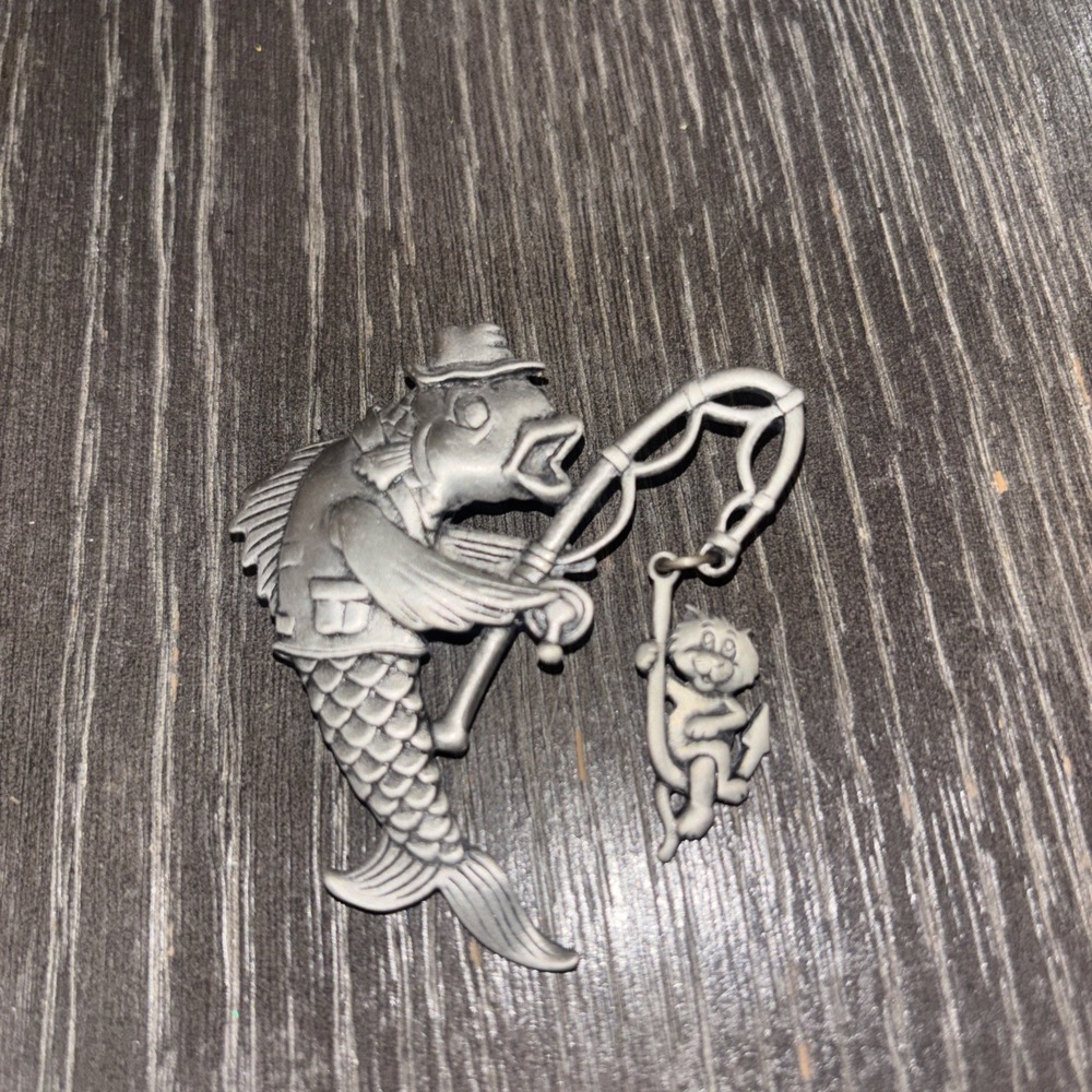 JJ Jonette Pewter Fish With Rod Catching Cat, Signed M164